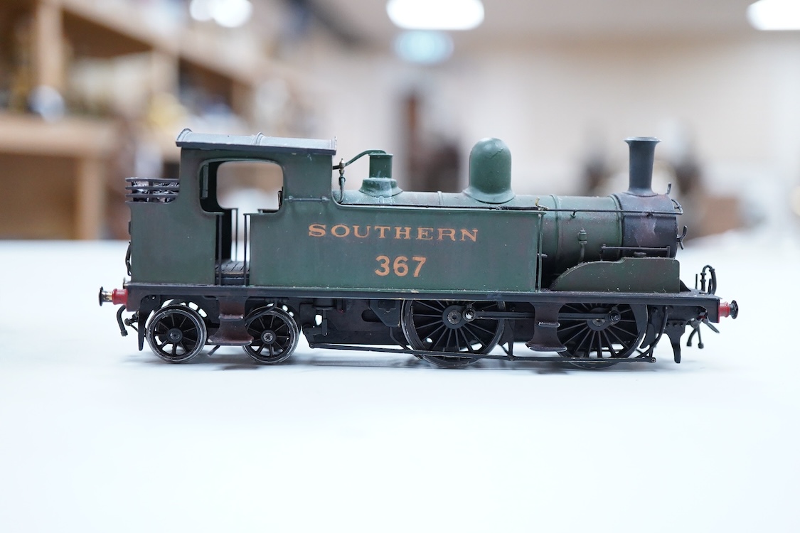 An EM gauge scratch built model railway locomotive by John Worsley, a Southern Railway Adams Class T1 0-4-4T, 367, a highly detailed model with opening smoke box door showing the details of the blast pipe and boiler tube